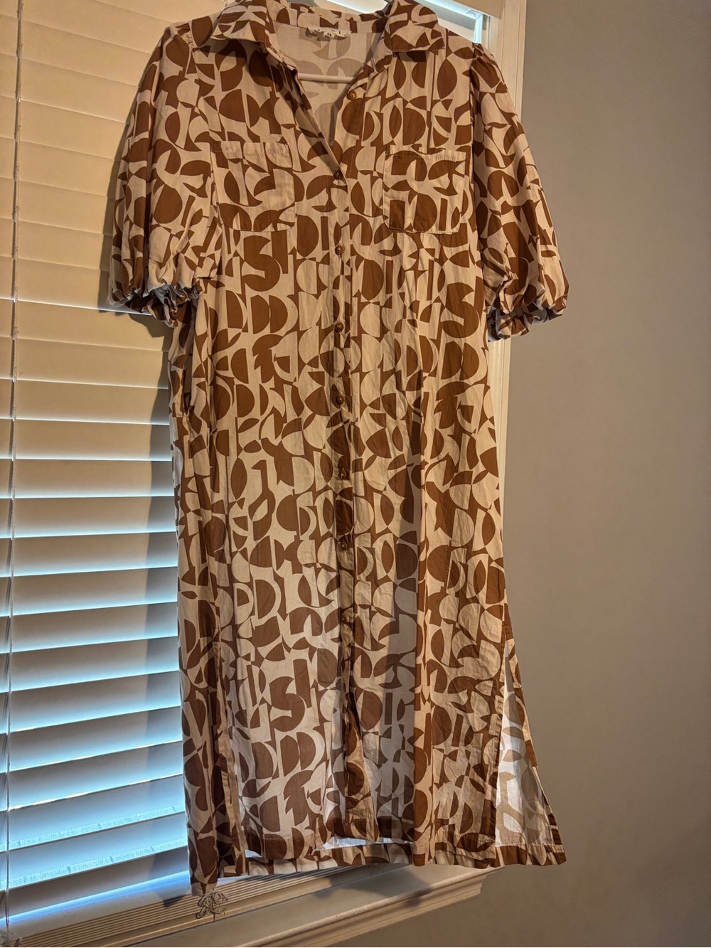 THML Brown Patterned Button-Front Women’s  Dress